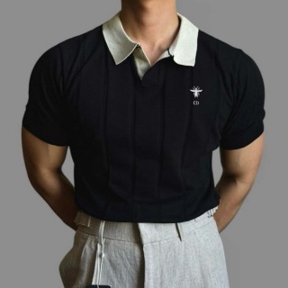DR 벌CD 언발 배색 오픈 카라 니트 반팔