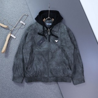 [ P ] 삼각로고 기모 하이브리드 후드 레더 융기모 자켓