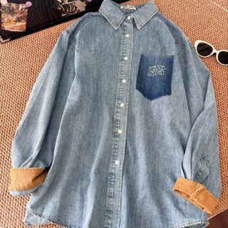 미*** 25 페이크 포켓 패치 로고 데님셔츠 - 수입 (남여공용)