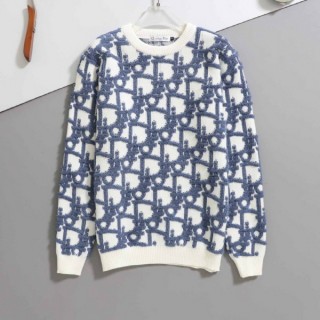 [ D ] 수입 화이트 및 블루 버진 울 자카드 오블리크 스웨터